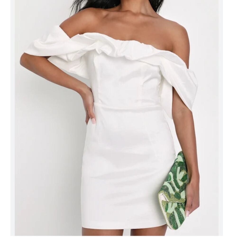 Lulus Fanciful Taffeta Off The Shoulder Bodycon Mini Dress Women's XL White